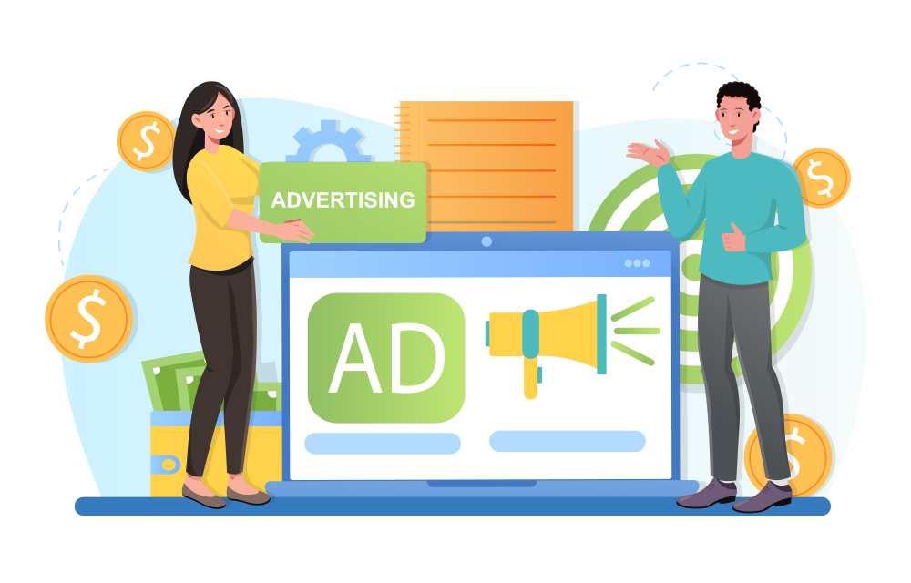 using the right wording in ads - Advanced Coupons marketers presenting an online advertising screen with dollar signs and promotional elements,
