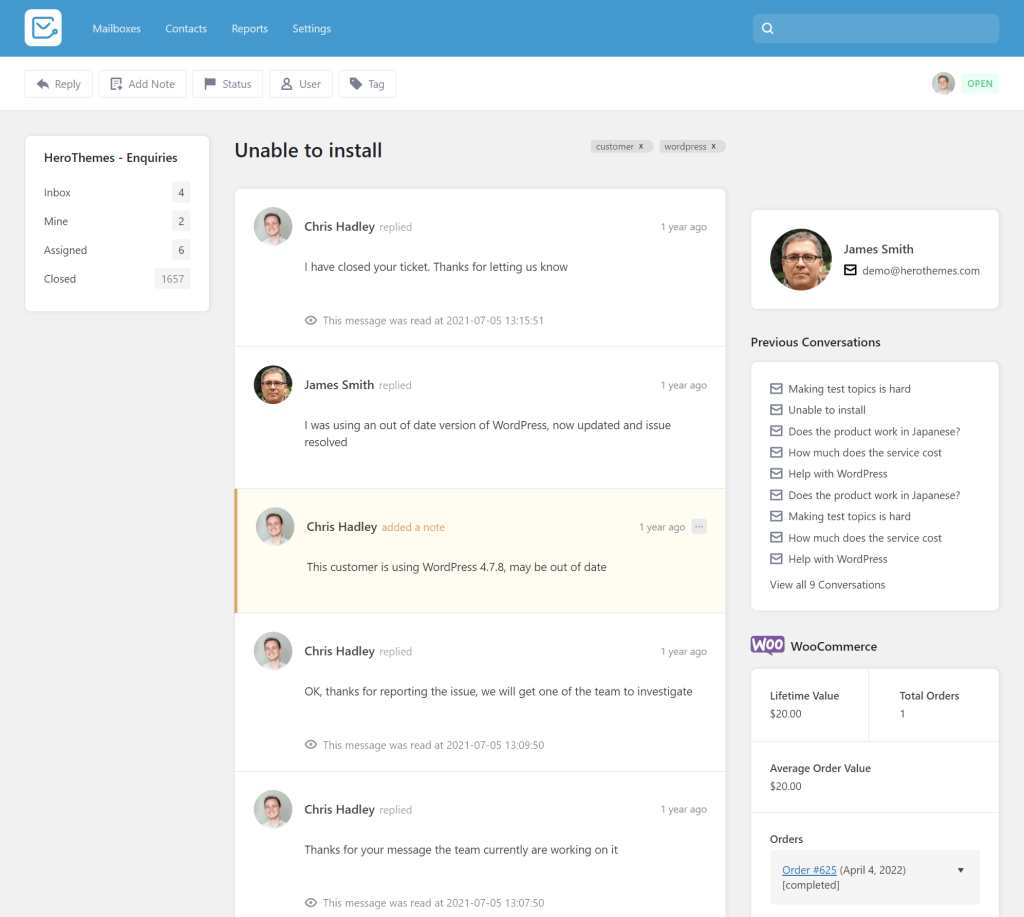 Heroic Inbox's shared inbox interface, displaying an organized email thread with customer support conversations and ticket management features