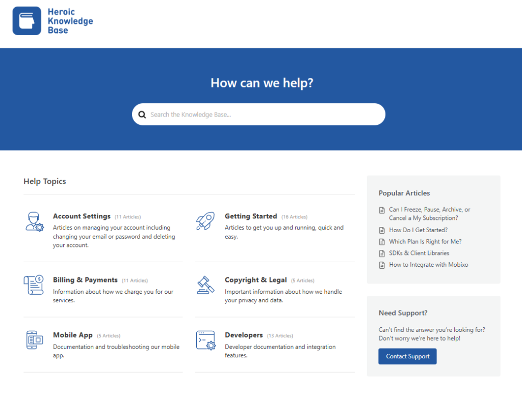 Heroic Knowledge Base interface, featuring a search bar, categorized help topics, and popular articles for self-service customer support.