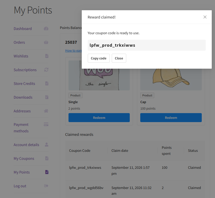 Dashboard with left navigation and rewards grid; a 'Reward claimed!' modal shows a coupon code with Copy and Close options.