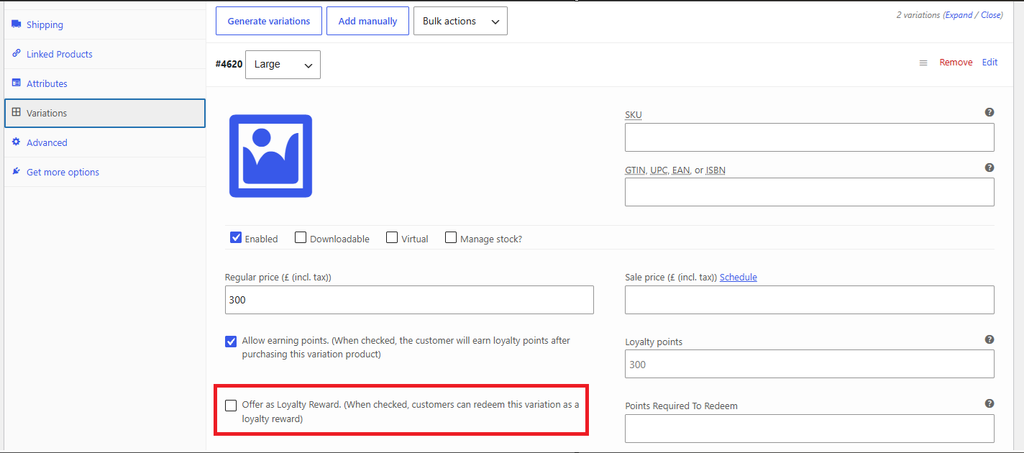 Product variation editor: blue image thumbnail with SKU/GTIN fields and price inputs on a form (WooCommerce)