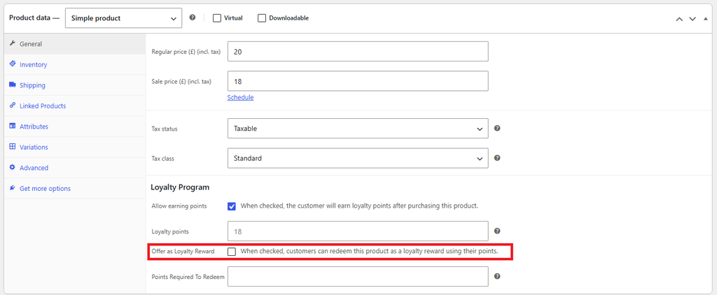 Product edit form showing price, tax, and loyalty options (Regular price £20, Sale £18). Pro features: loyalty points and 'Offer as Loyalty Reward' checkbox.