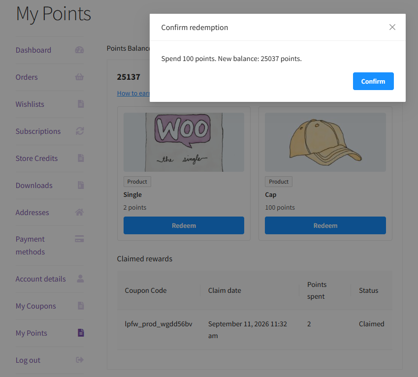 Dashboard screenshot of 'My Points' with left navigation, balance shown, two redeemable items with Redeem buttons, and a modal reading 'Confirm redemption' — 'Spend 100 points. New balance: 25037 points' with a blue Confirm button.