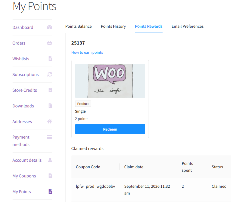 Rewards tab showing a single reward item with product image, a Redeem button, and a claimed rewards table.