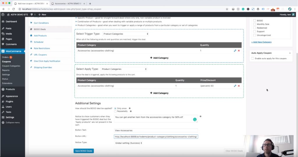 Set the BOGO notification to point to the eligible category archive page