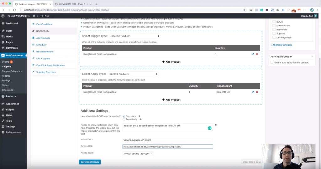 Configure the additional settings and the bogo notification message