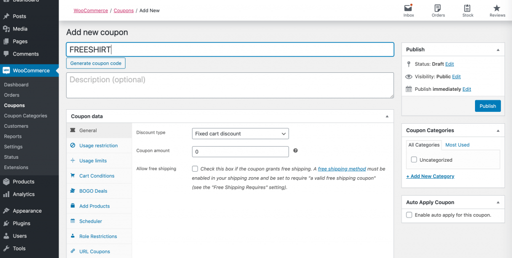 Adding the coupon code in WooCommerce.