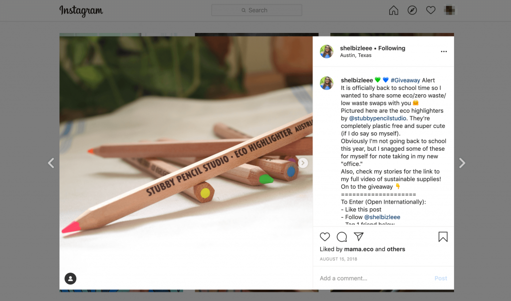An influencer give away for eco-friendly highlighters on Instagram.