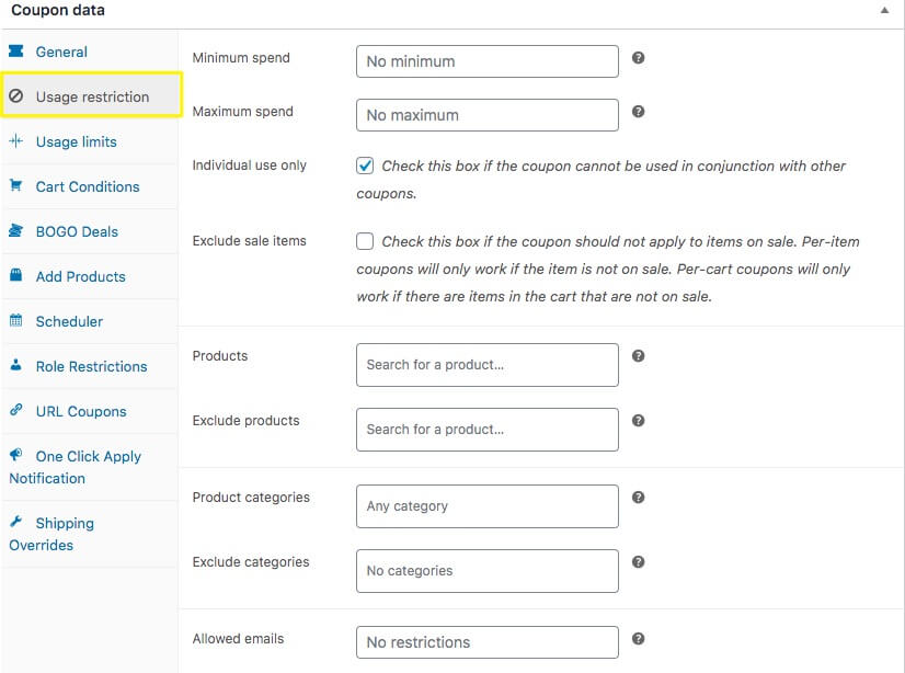 Setting usage restrictions.