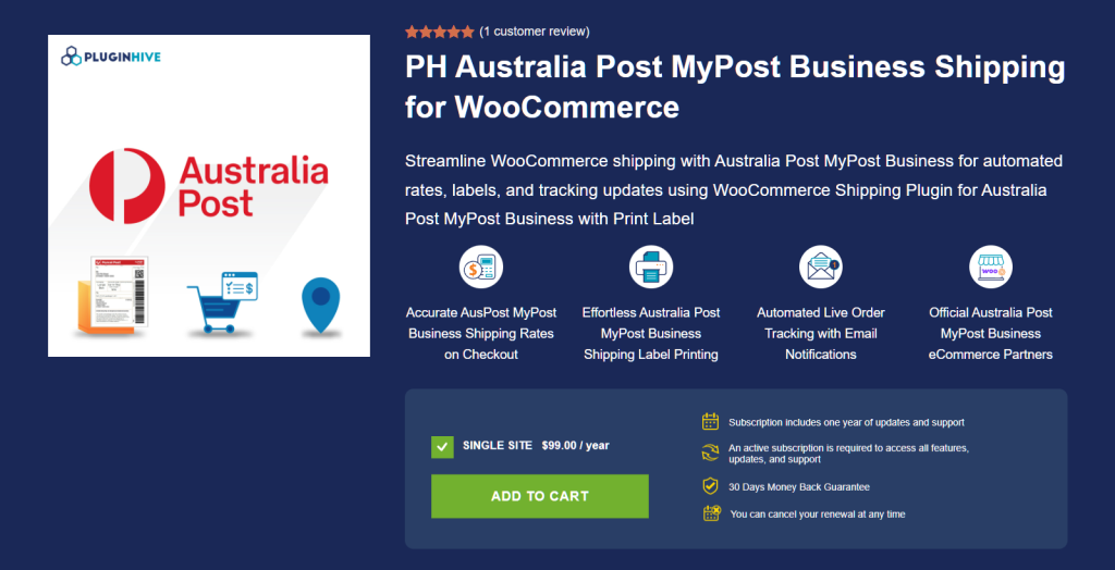 Banner principale: logo di Australia Post a sinistra con sfondo blu scuro, titolo 'PH Australia Post MyPost Business Shipping per WooCommerce' e quattro icone di funzionalità a destra.