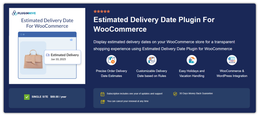 estimated-delivery-date-plugin-for-woocommerce - Advanced Coupons Website banner promoting 'Estimated Delivery Date' WooCommerce plugin, showing product mockup, features icons, and pricing on a dark blue background.