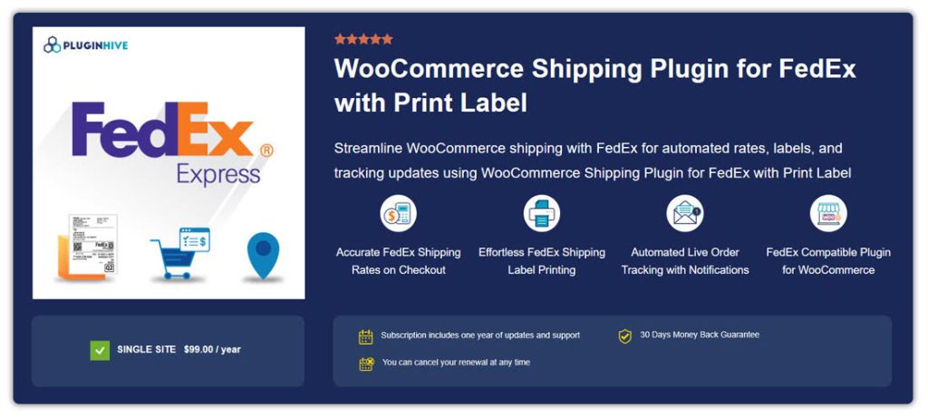 woocommerce-shipping-plugin-for-fedex-with-print-label - Advanced Coupons Promotional banner for PluginHive's WooCommerce FedEx shipping plugin with print-label feature, showcasing FedEx logo, features and $99/year price.