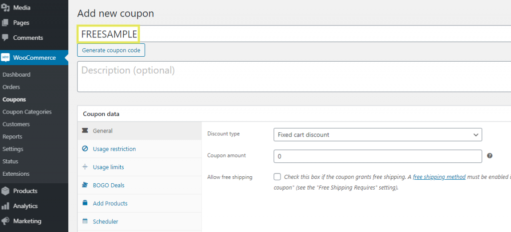 The screen to add a new coupon to give sample products for free in WooCommerce.