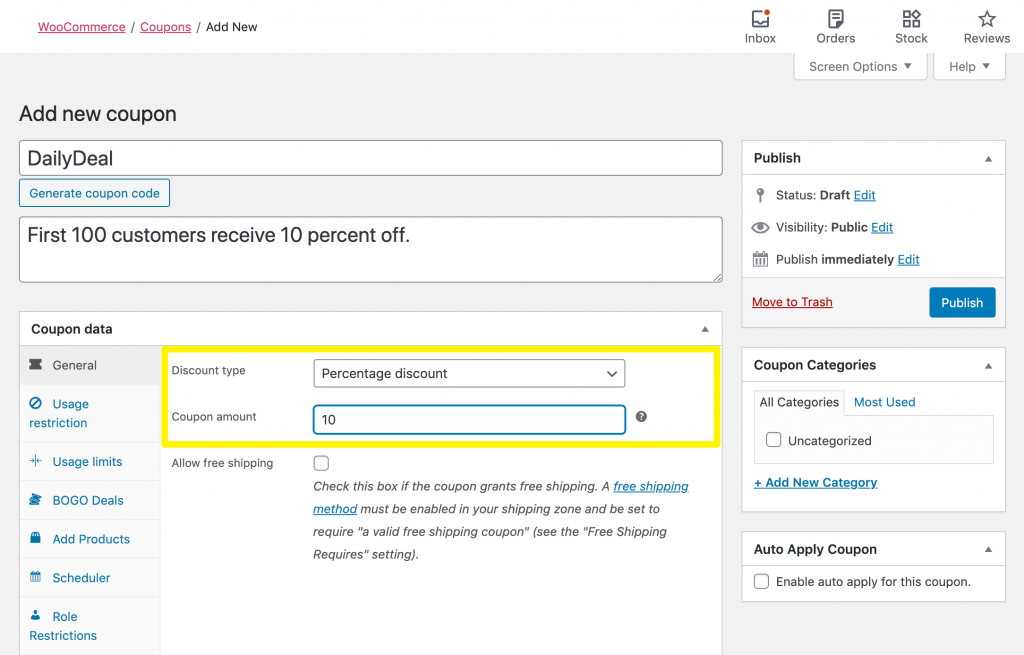 Setting the daily deals discount type and amount.