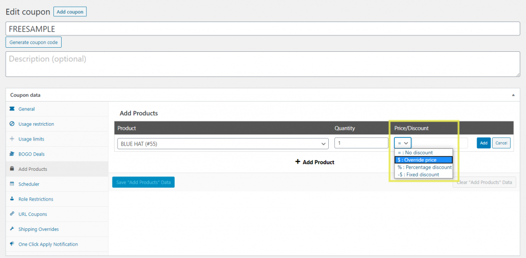 The option to 'override price' in a coupon to use to give sample products away.