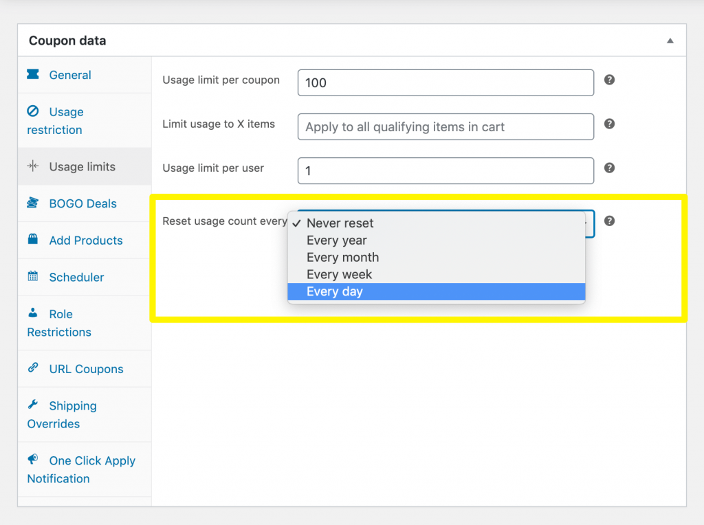 Configuring the daily deal usage limits to reset every day.