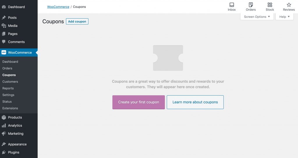 The default WooCommerce Coupons screen.