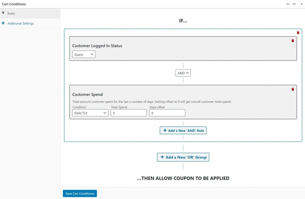 Cart conditions to require a customer to be logged in to receive a first order discount in WooCommerce.