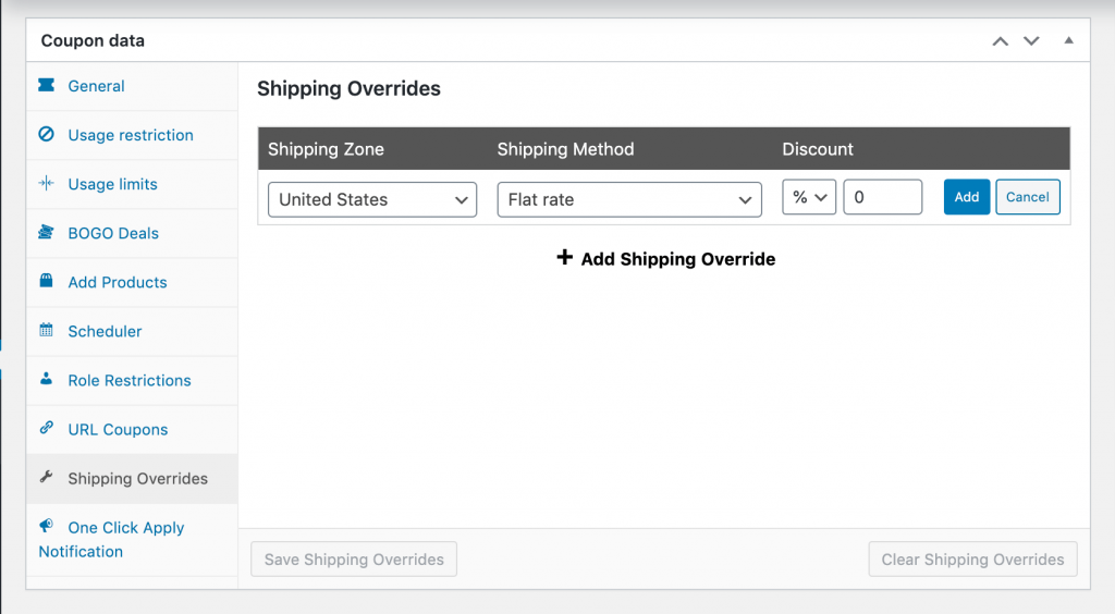 Selecting the shipping zone and method the discount should apply to.