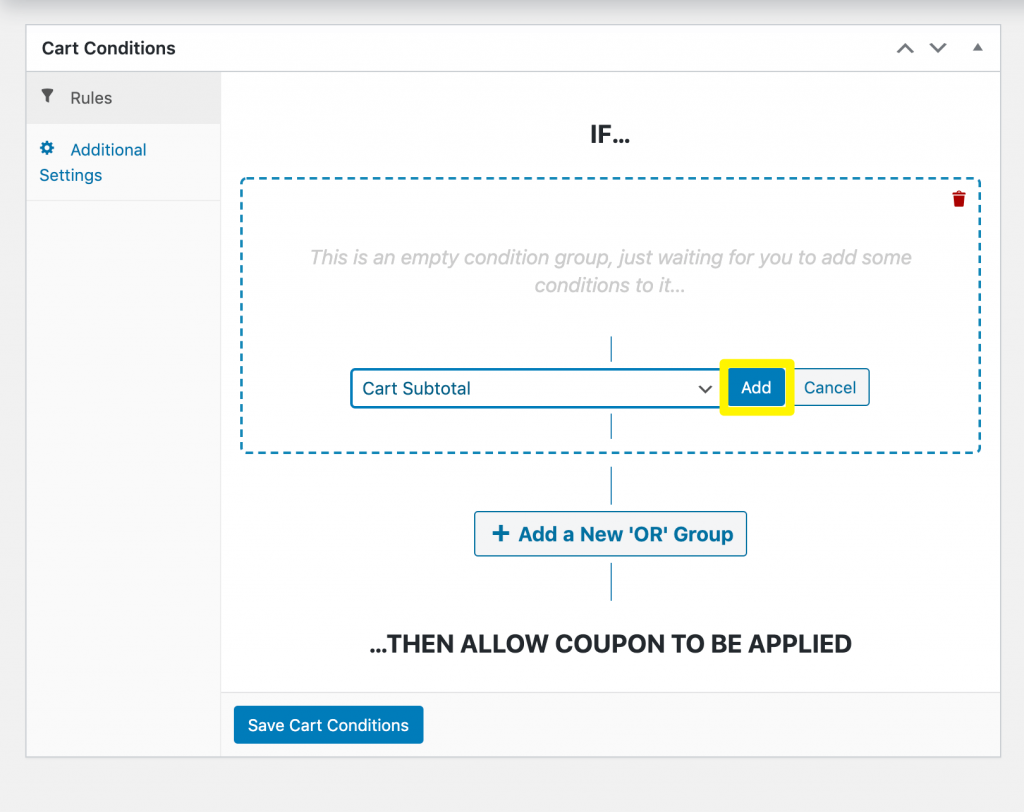 Adding a cart subtotal condition to a shipping discount.