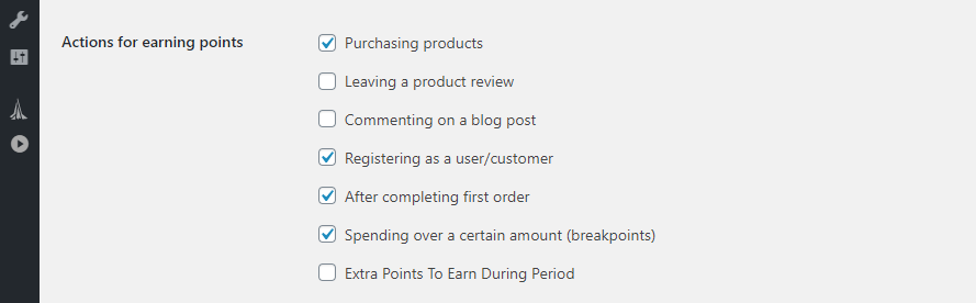 Configuring which actions give reward points in WooCommerce