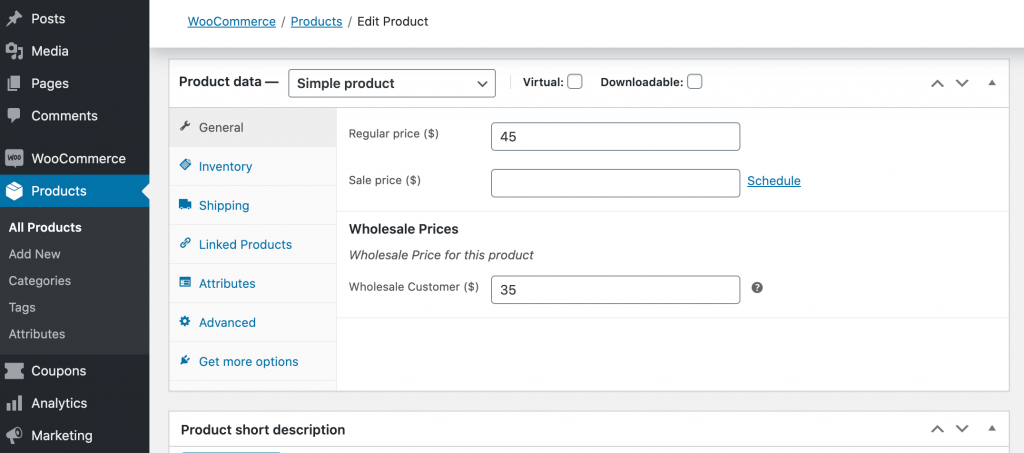 WooCommerece's "Product data" dashboard.