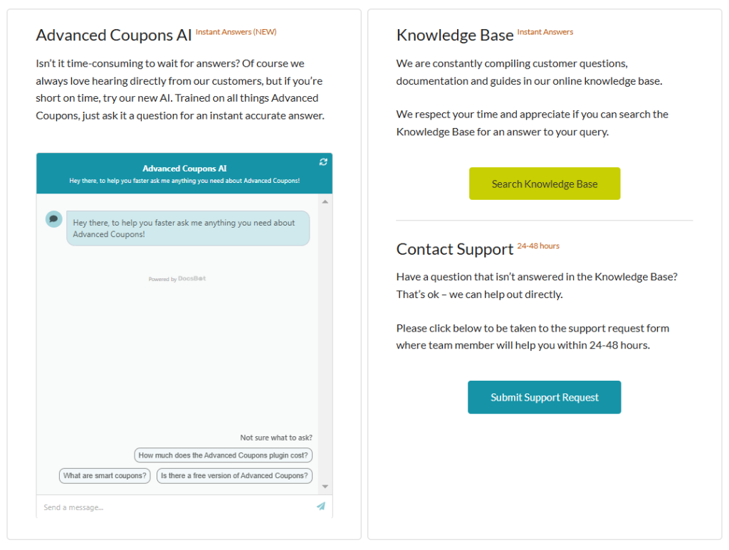 Advanced Coupons' support page, featuring a live AI chatbot, knowledge base and ticketing system