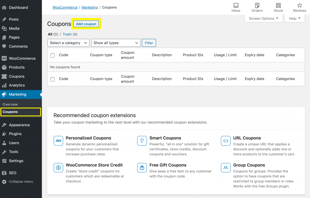 Adding a new WooCommerce coupon.