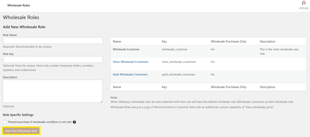 Wholesale Suite interface for creating and managing multiple wholesale user roles in WooCommerce