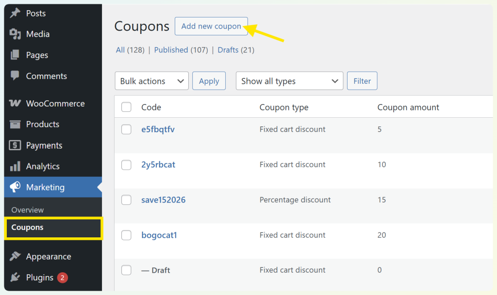 WooCommerce Coupons page with Add new coupon button