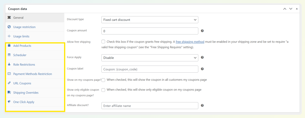 Advanced Coupons tabs in the WooCommerce coupon editor