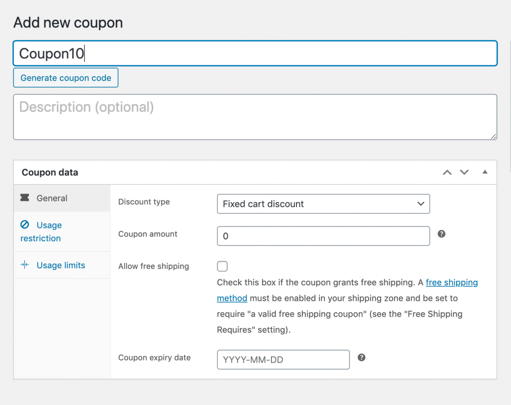 Adding a coupon code in the WooCommerce coupon editor.