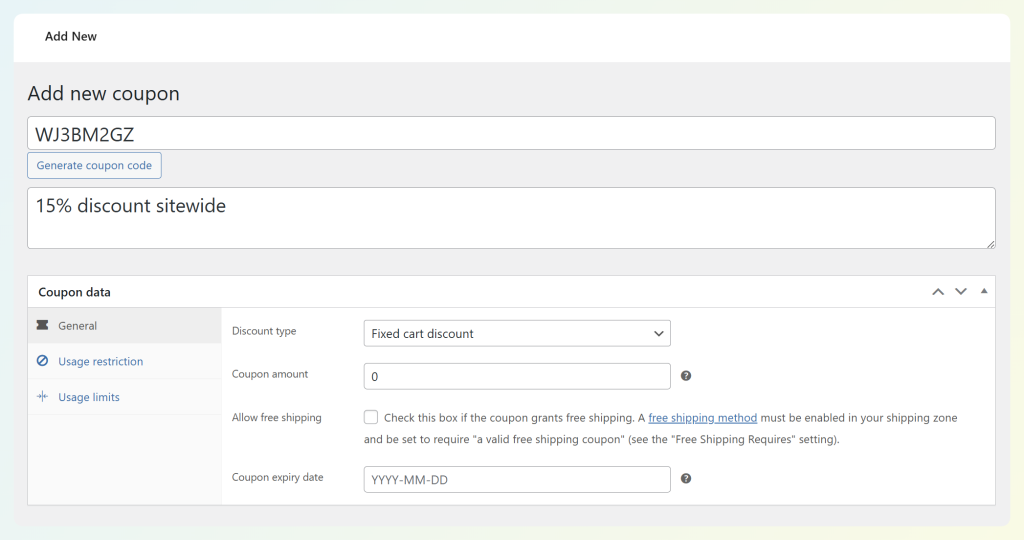 Add new coupon screen in WooCommerce