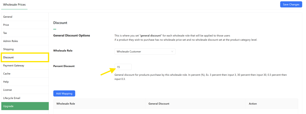 Wholesale Prices settings screen showing how to set a general percentage discount for wholesale roles