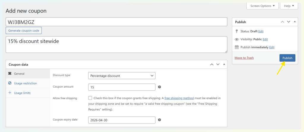 Publish button in WooCommerce coupon editor