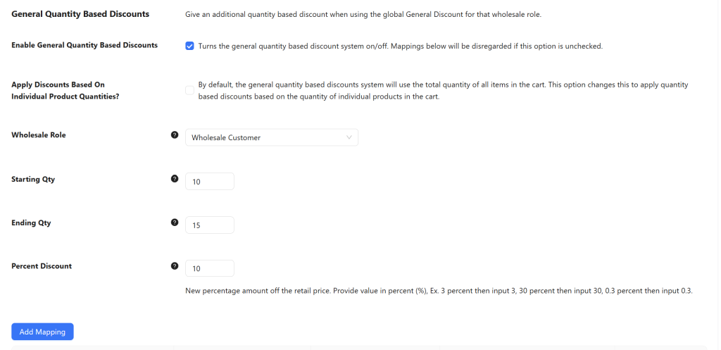WooCommerce Wholesale Prices settings showing quantity-based discount configuration for wholesale roles