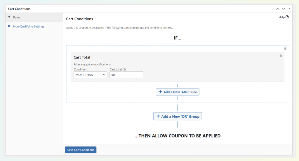 Cart Conditions rule builder screen