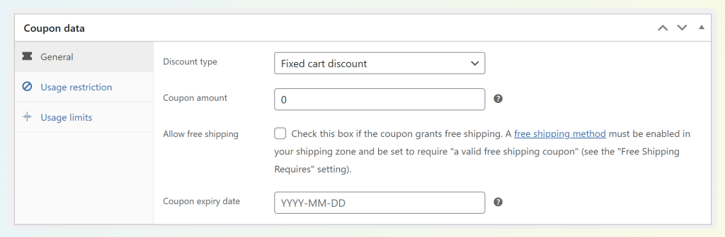 Coupon data General tab fields