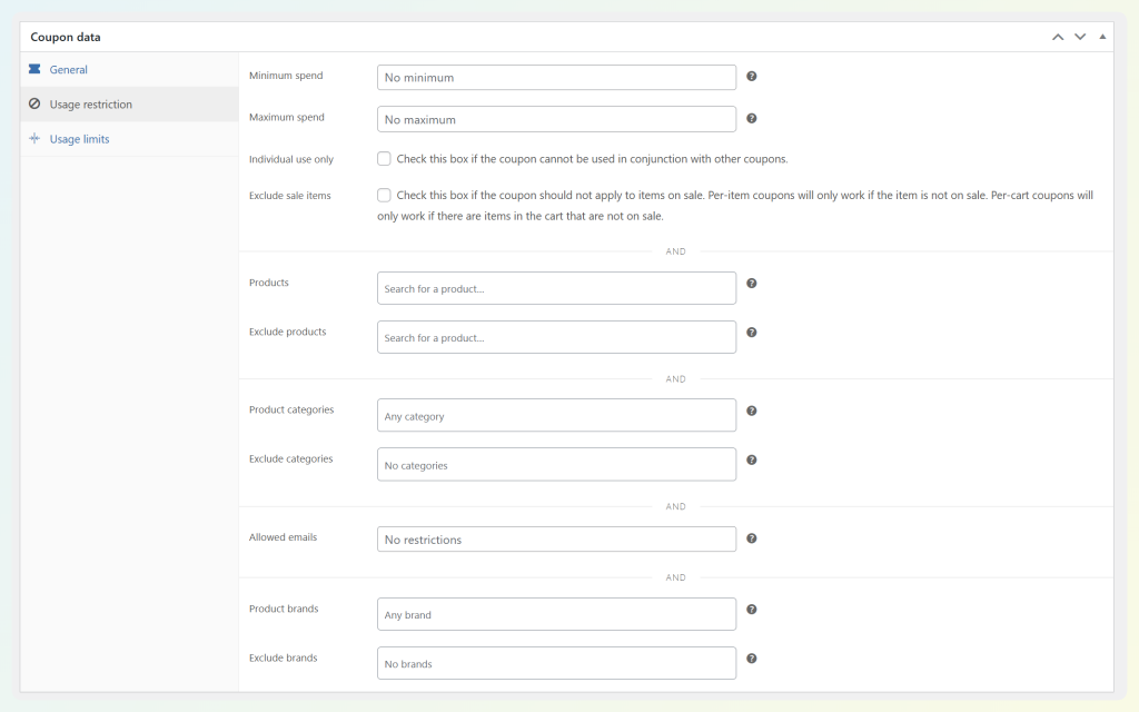 WooCommerce coupon usage restriction settings
