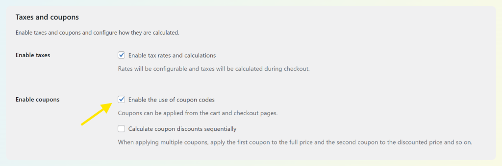 Enable coupon codes setting in WooCommerce