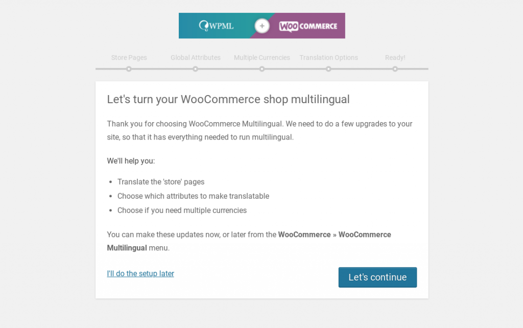 The WPML WooCommerce setup wizard.