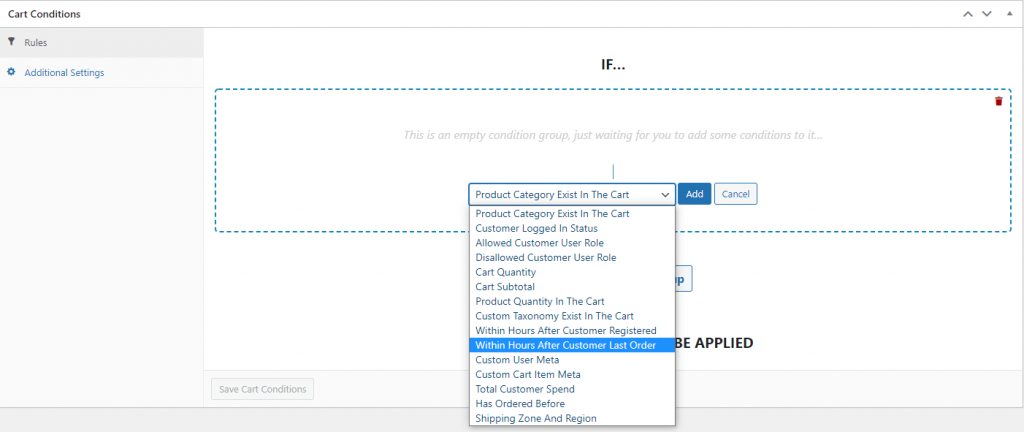 Adding Cart Conditions to give a customer a discount on their next order.