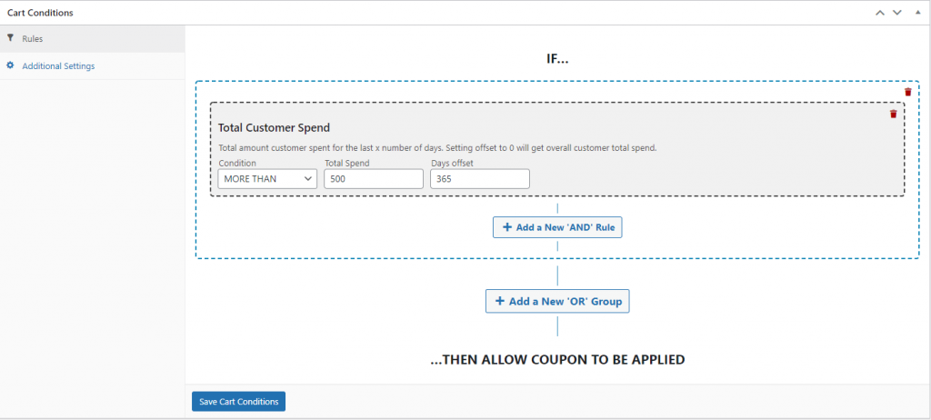 Creating a Cart Condition for customer spend conditions.