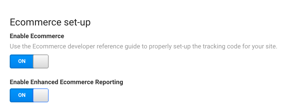 Enabling e-commerce reporting in Google Analytics.