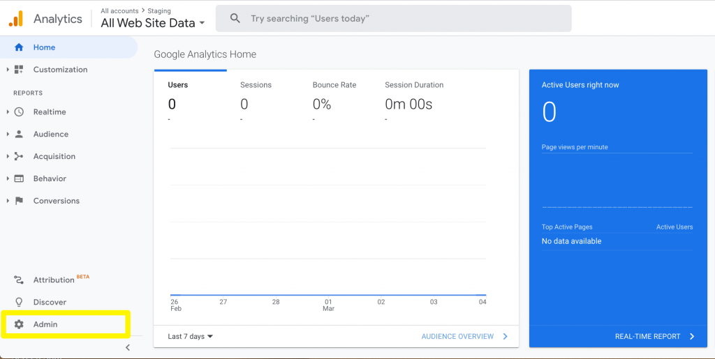 Accessing the Google Analytics admin settings.