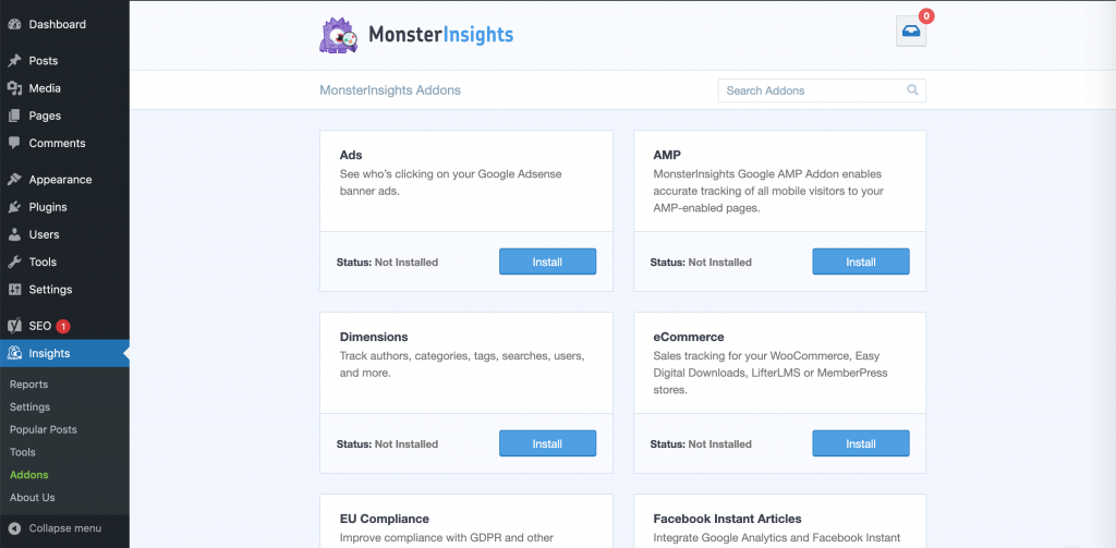 The MonsterInsights add-ons screen.