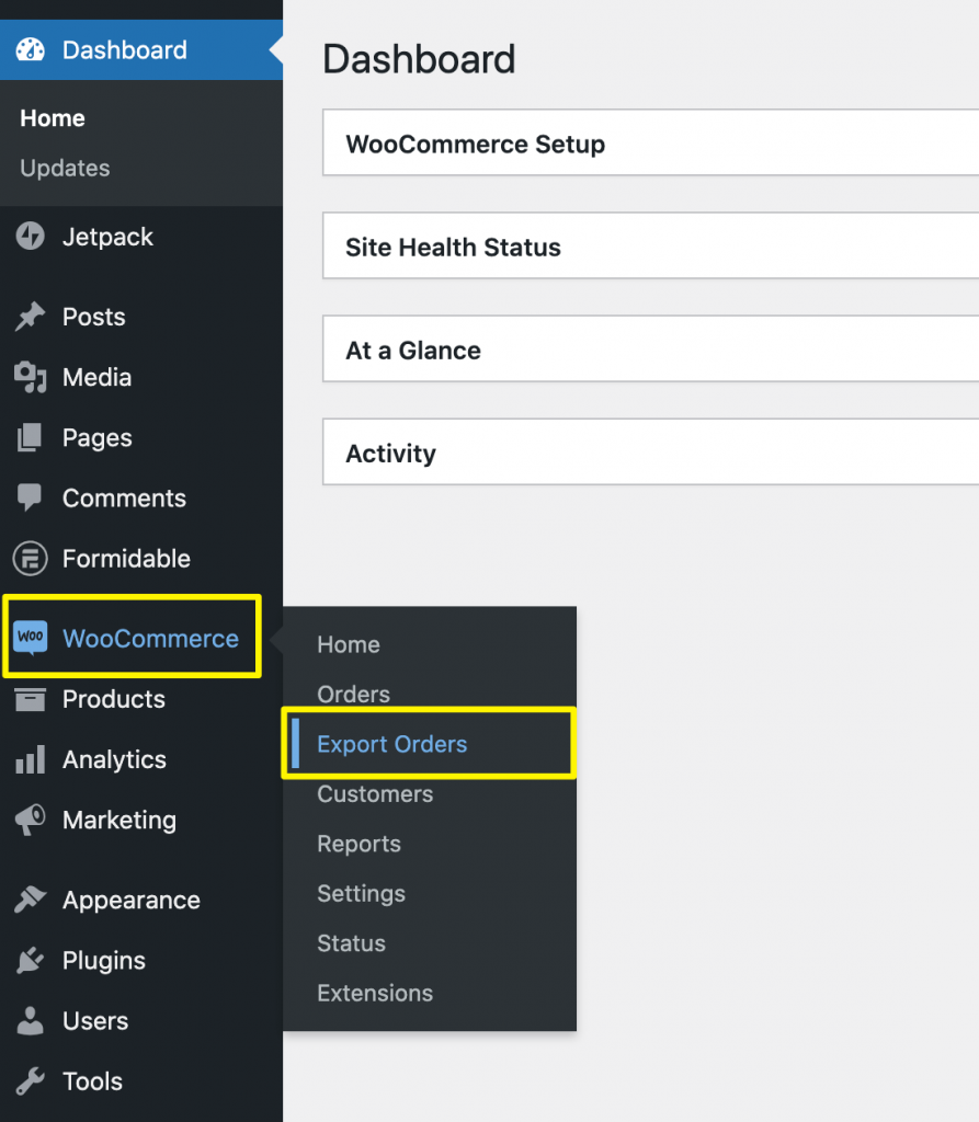 Accessing the Advanced Order Export for WooCommerce settings.