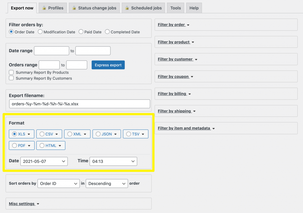 Choosing the WooCommerce order export file type.