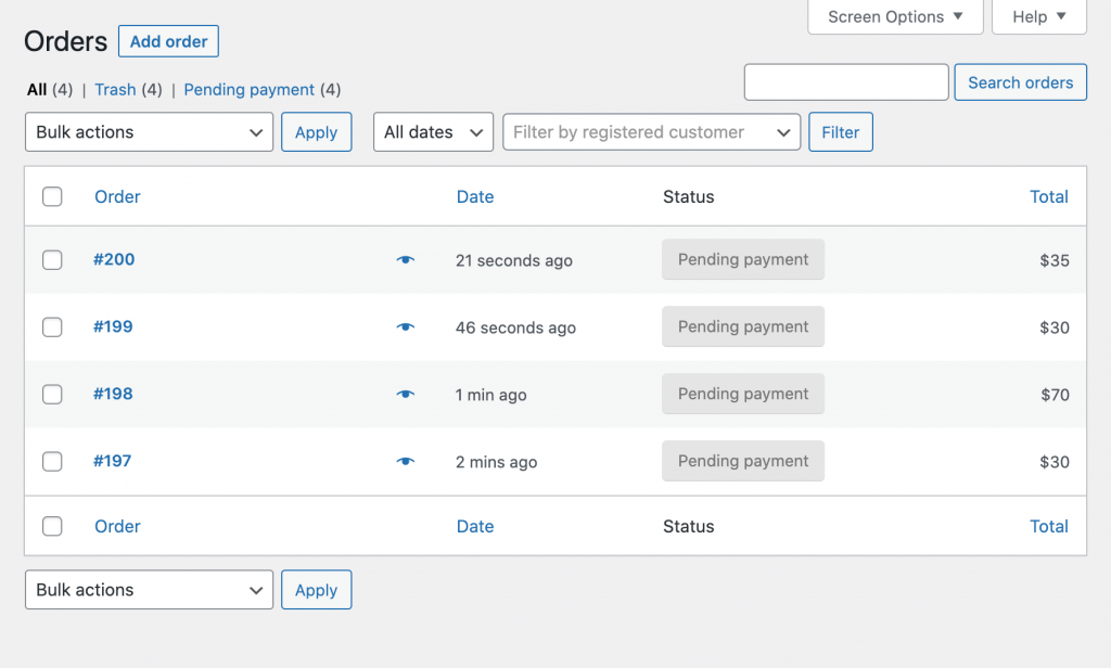 The WooCommerce Orders screen.