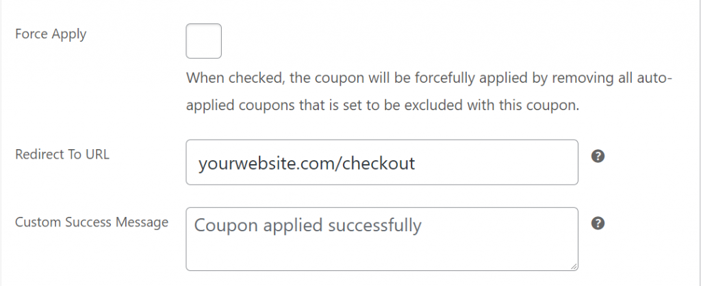 Configuring the coupon to redirect to the checkout page